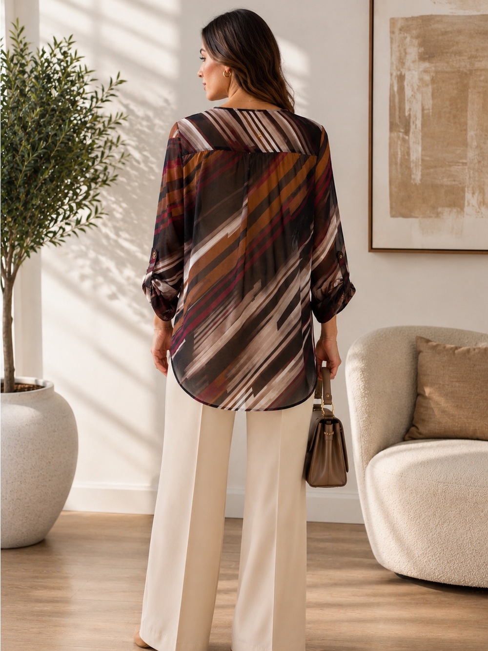 La Château Abstract Sheer Blouse Medium | Roll Tab Sleeve Career Chic Top - Picture 3 of 8